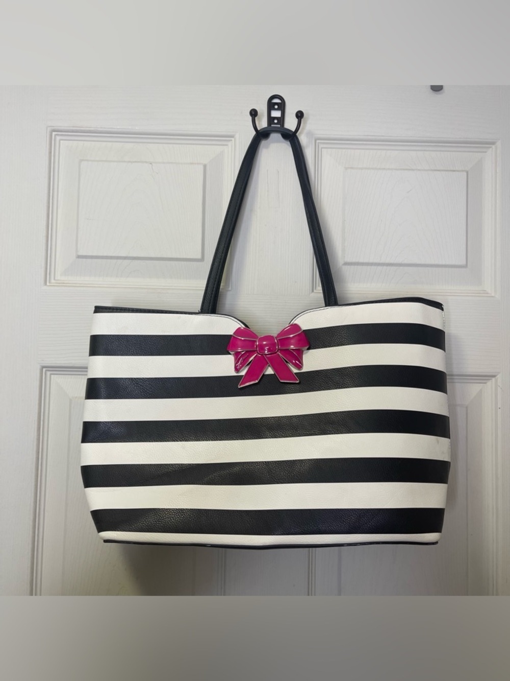 Betsey Johnston Black And White Striped Tote With Pink Enamel Bow